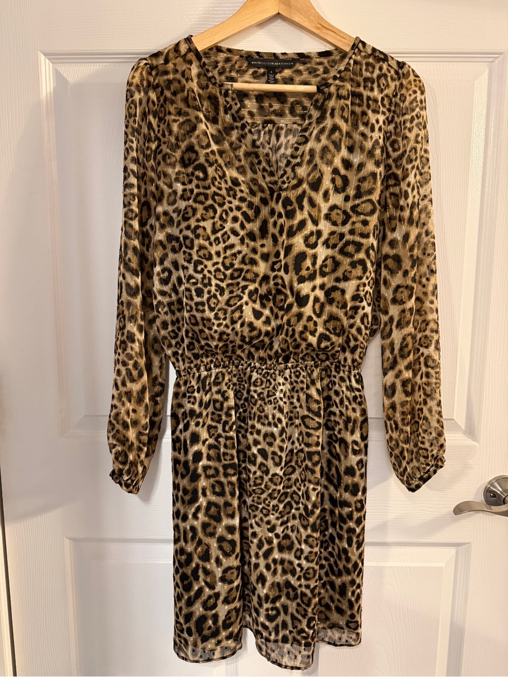 White House Black Market Leopard-Print Long Sleeve Dress in Brown and Black